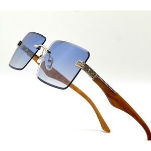 Sunglasses Men Shades Rectangular Gold Frame Hip Hop Style Retro Blue Lens Gafas